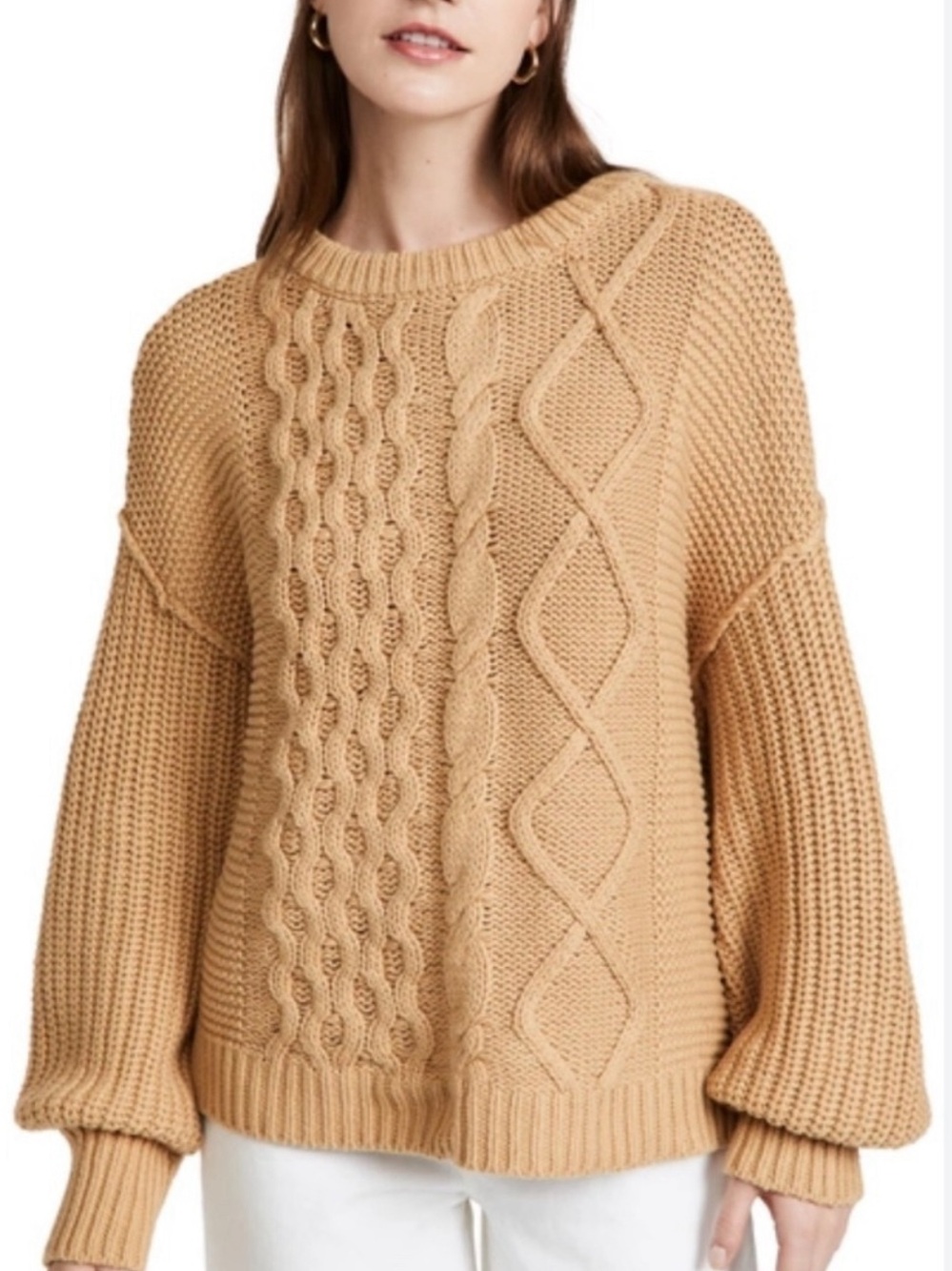 Free People Dream Cable Knit Oversized Sweater Camel XS